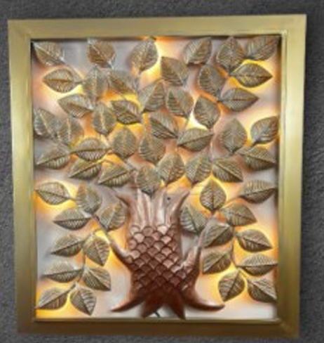 Handcrafted Golden Leaf Tree Frame with LED lights Steel Wall Decor Art