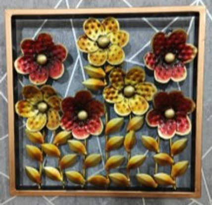 Handcrafted Abstract Golden & Red Flowers Frame Steel Wall Decor Art