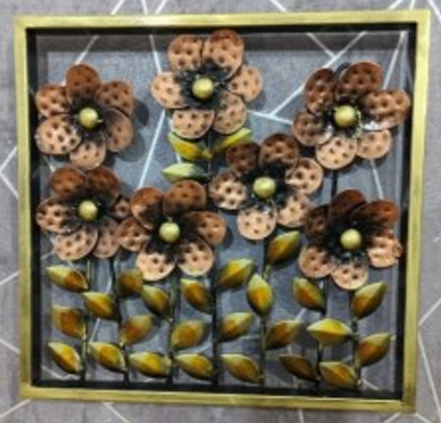 Handcrafted Abstract Copper Color Flowers Frame Steel Wall Decor Art