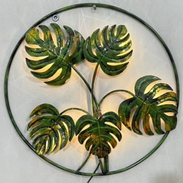 Handcrafted Circular Green Leaf Frame with LED lights Steel Wall Decor Art