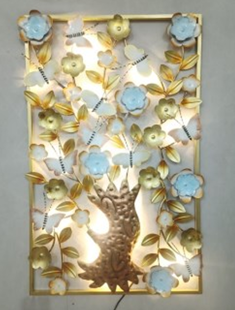 Handcrafted Golden Tree Frame with LED lights Steel Wall Decor Art