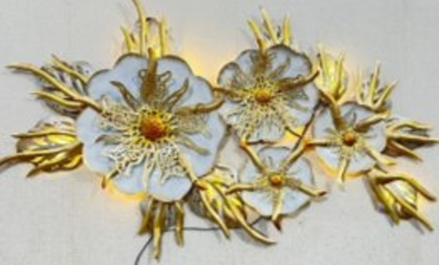 Handcrafted Gold & White Flower Frame with LED lights Steel Wall Decor Art