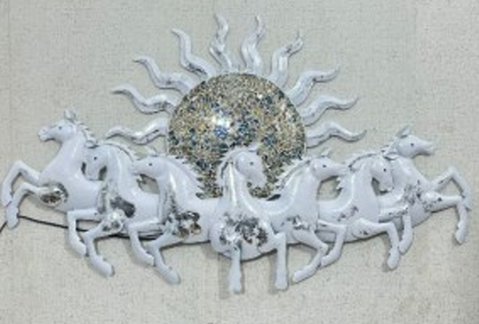 Handcrafted White Sun Seven Horses Frame with LED lights Steel Wall Decor Art