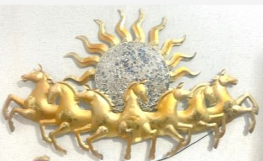 Handcrafted Gold Sun Seven Horses Frame with LED lights Steel Wall Decor Art