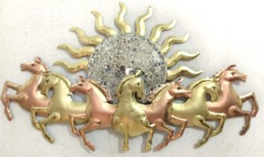 Handcrafted Gold & Copper Sun Seven Horses Frame with LED lights Steel Wall Decor Art