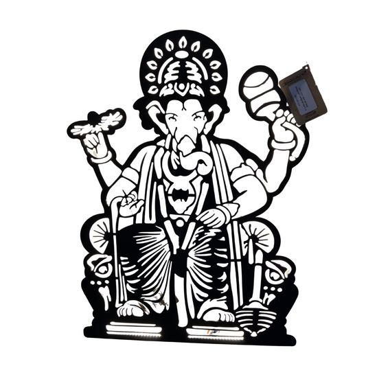 Ganesha CNC Steel Wall Art Sculpture in Black with LED Light