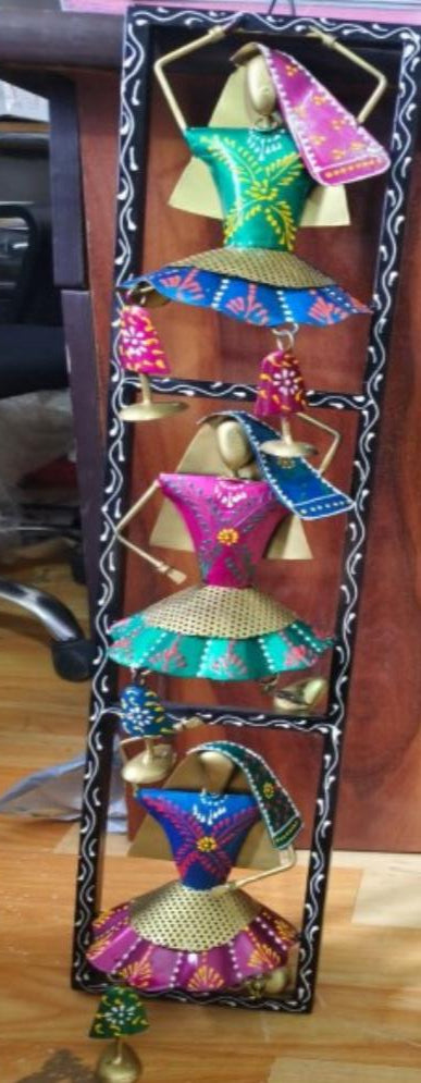 Handcrafted Set of 03 Dancing Dolls Multi Color in Vertical Black Frame Steel Wall Art Decor Sculpture