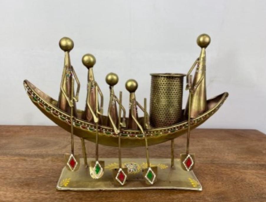 Handcrafted Ship Pen Stand with 05 People in Gold Color Steel Table Decor Sculpture