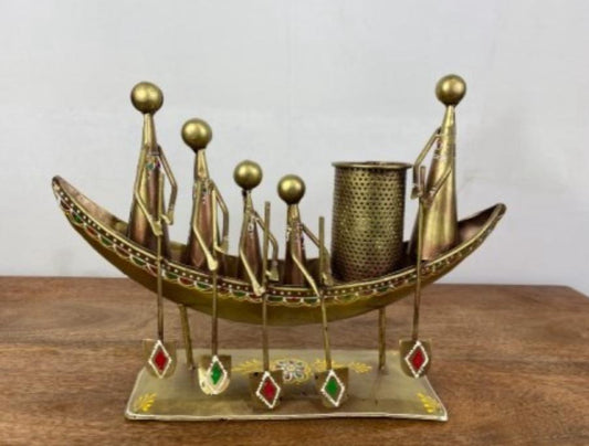 Handcrafted Ship Pen Stand with 05 Figures in Gold Color Steel Table Decor Sculpture