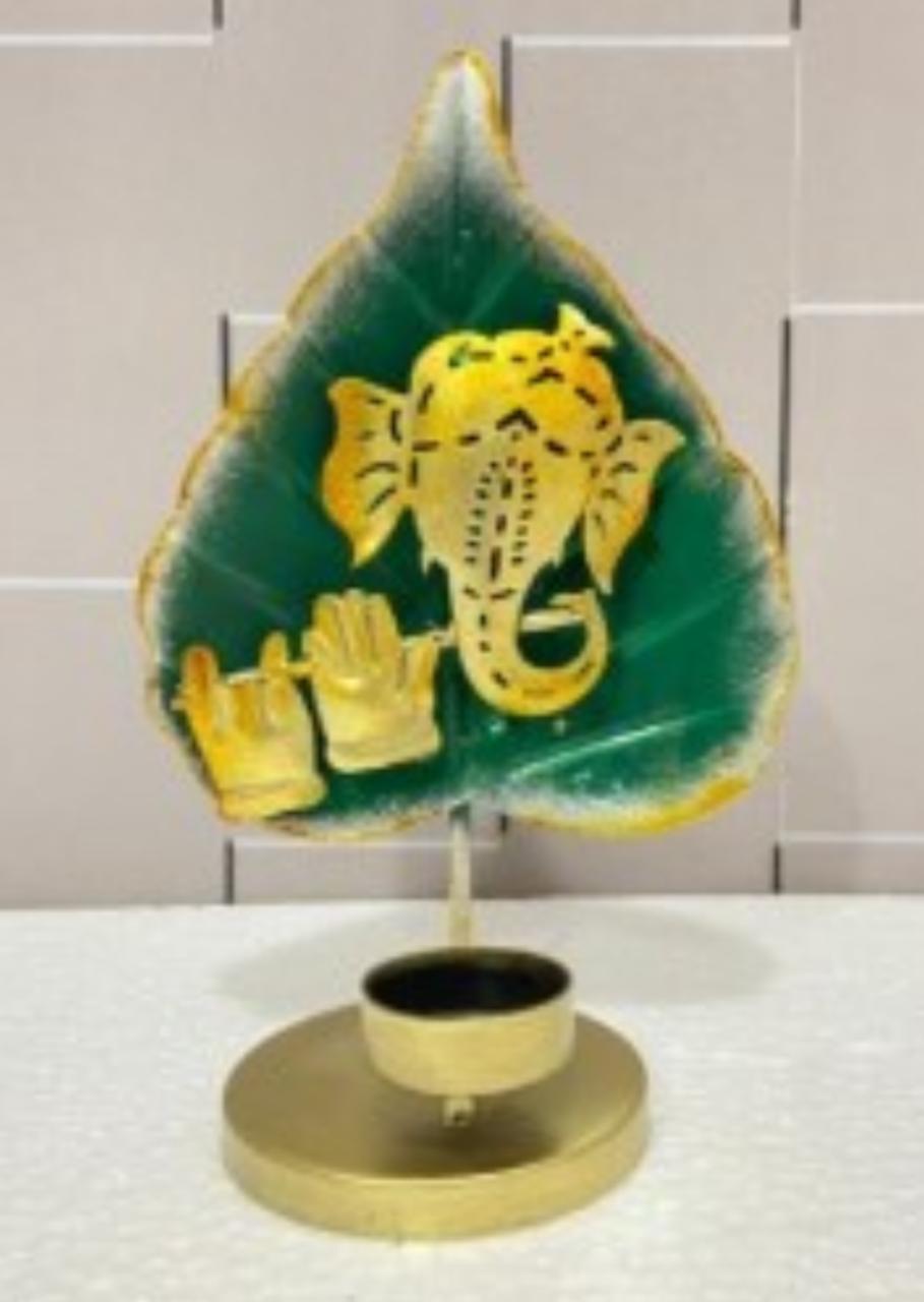 Handcrafted Flute Ganesha with Leaf Candle Stand Steel Table Decor Sculpture