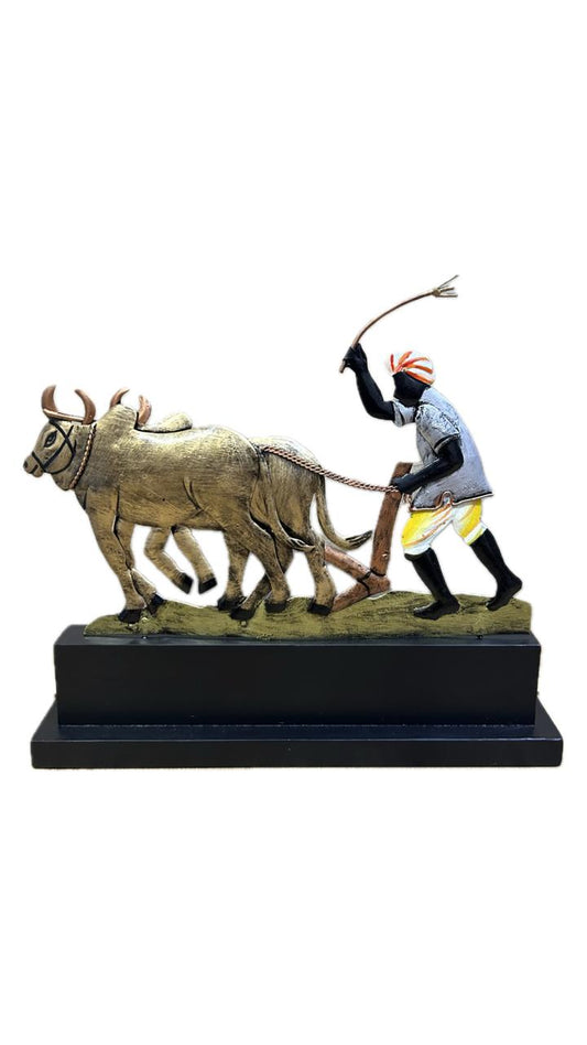 Handcrafted Farmer with Cow Steel Table Decor Sculpture