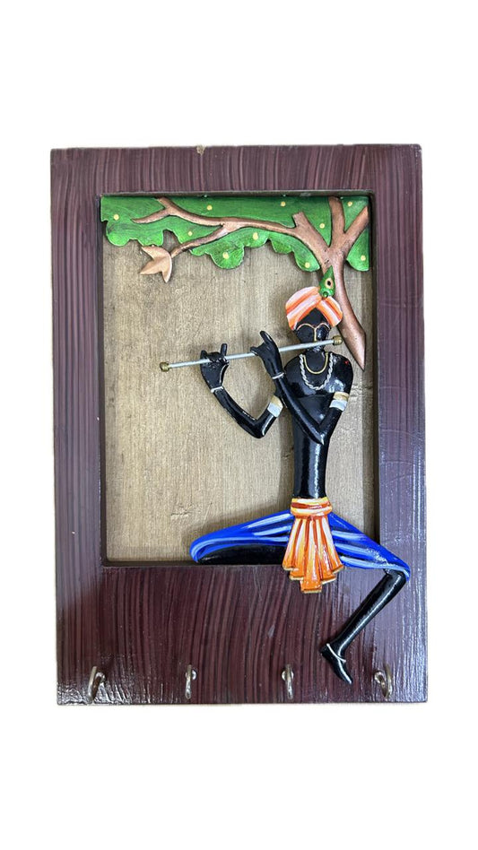 Handcrafted Krishna Key Holder with Wooden Frame Steel Wall Art Sculpture