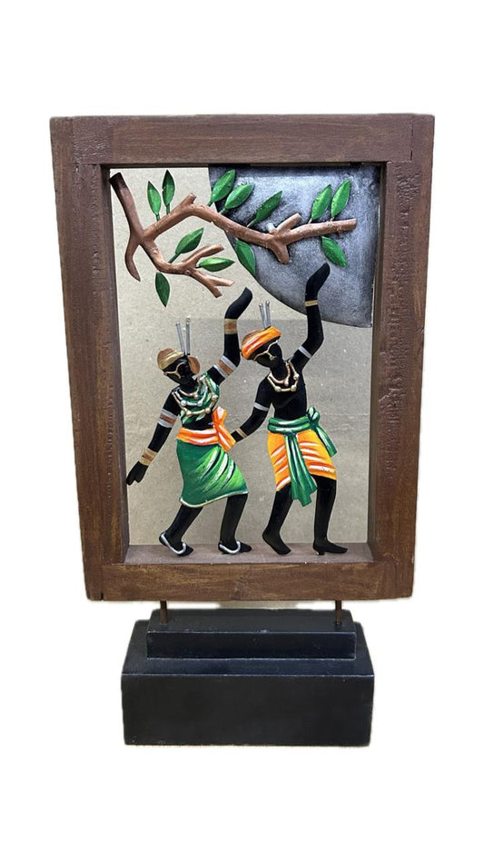 Handcrafted Adivasi Couple Dancing in Frame Steel Wall Art Sculpture