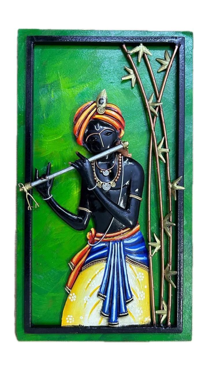 Handcrafted Krishna Frame Steel & Wood Wall Art Sculpture