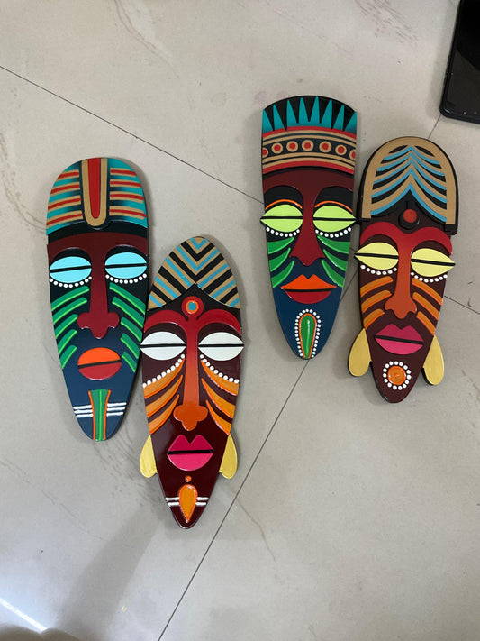 Set of 04 Tribal Couple Face Wooden Handcrafted Wall Decor Sculpture