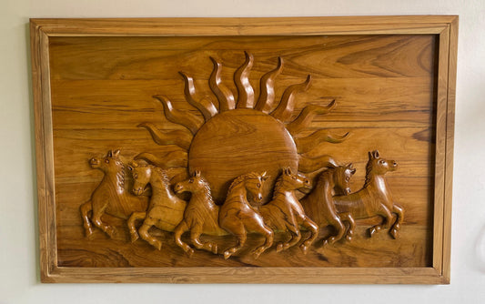 Seven Horses with Rising Sun Hndcrafted Teak Wood Wall Art Sculpture
