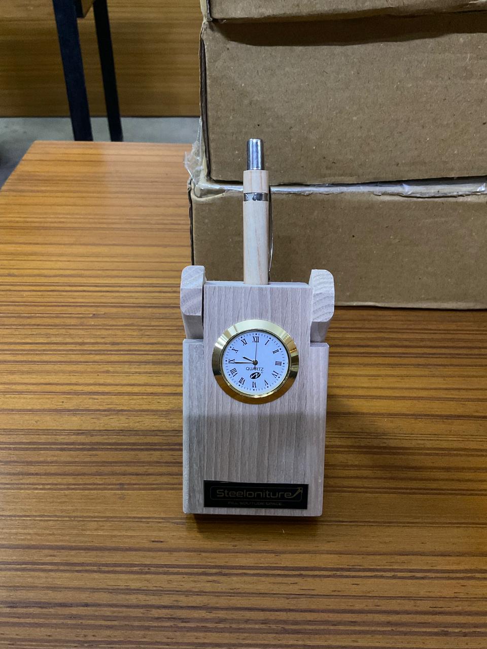 Mini Wooden Clock with Pen Holder Handcrafted Table Decor Sculpture