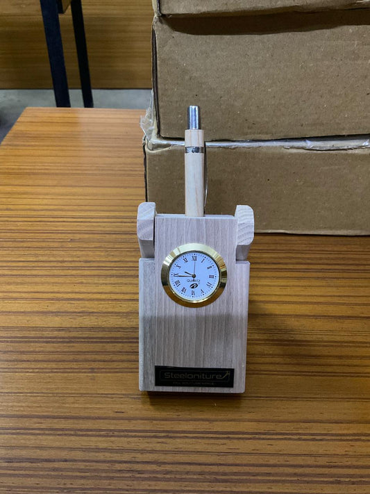 Mini Wooden Clock with Pen Holder Handcrafted Table Decor Sculpture