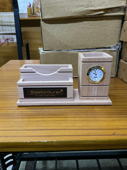 Clock Frame Teak Wood Desk Organizer Sculpture