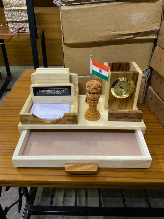 Executive Wooden Desk Organizer with Clock & Flag Handcrafted Sculpture