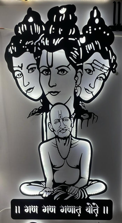 Datta Gajanan Maharaj CNC Steel Wall Art Sculpture in Black with LED Light