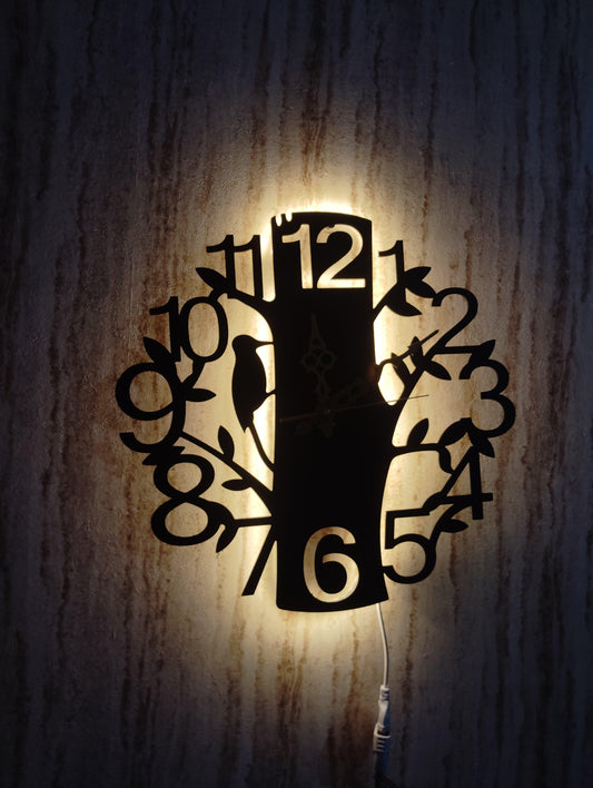 Tree & Bird Design CNC Steel Wall Clock with LED Light