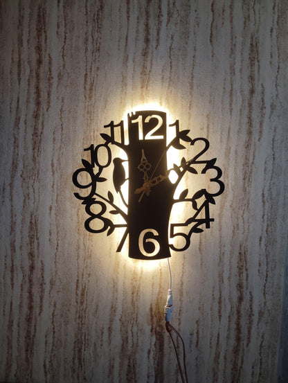 Tree & Bird Design CNC Steel Wall Clock with LED Light