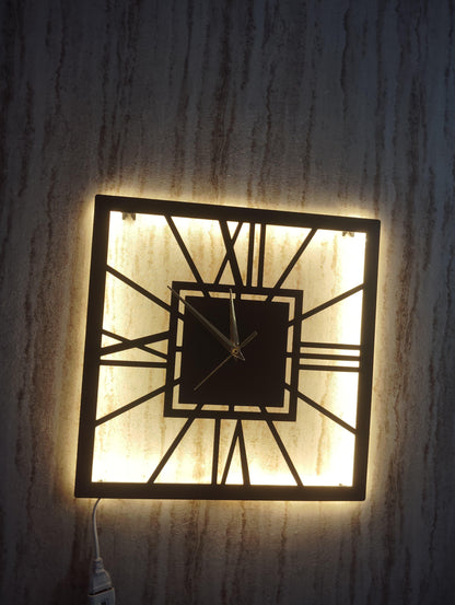 Square Roman Numeral CNC Steel Wall Clock With LED Light