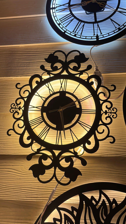 Ornate Roman Numeral CNC Steel Wall Clock With LED Light