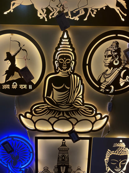 Lord Buddha CNC Wall Art Sculpture in Gold Colour with LED Light