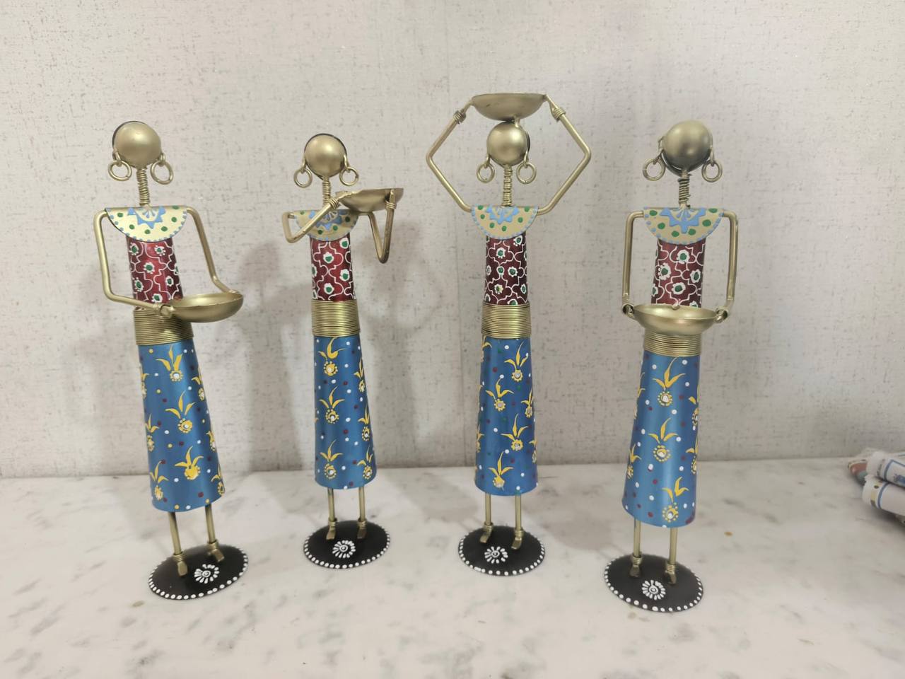 Handcrafted Set of 04 Lady Multi Color Candle Stand Steel Table Decor Sculpture