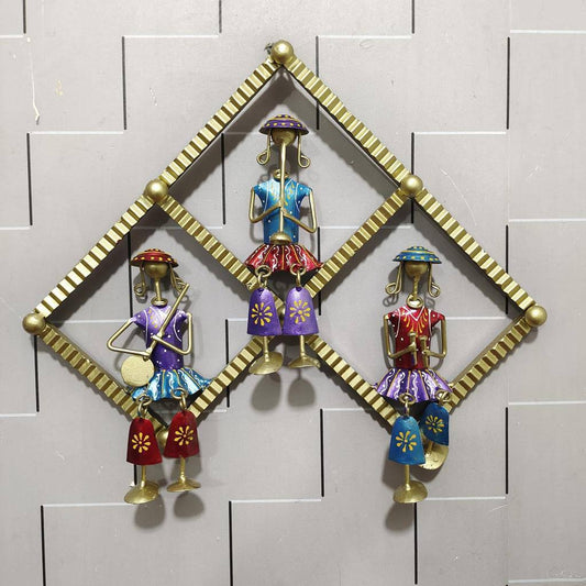 Handcrafted Set of 03 Musician Men Multi Color in Triangular Frame Steel Wall Art Decor Sculpture