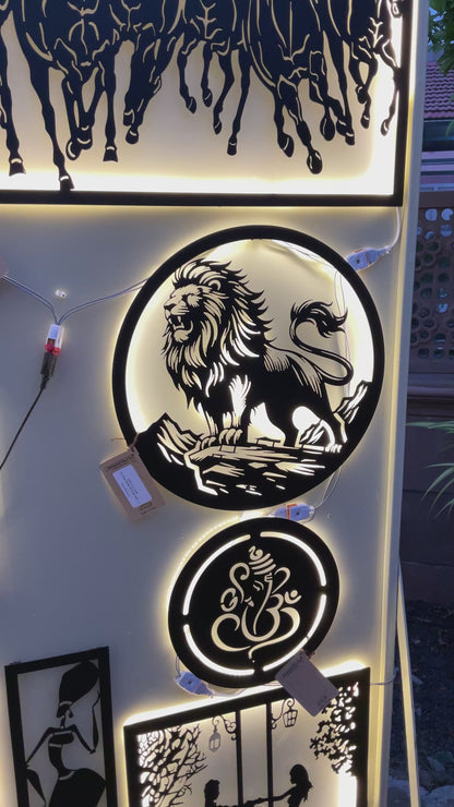 Lion CNC Steel Wall Art Sculpture in Black with LED Light